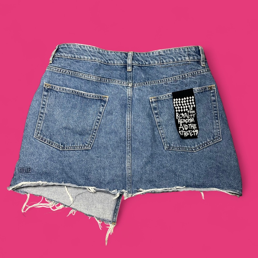 KSUBI Denim Jeans Blue Wrap Rap Vibez Trashed Distressed Mini Skirt